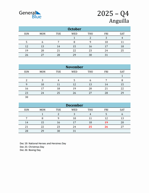 Three-Month Planner for Q4 2025 with Holidays - Anguilla