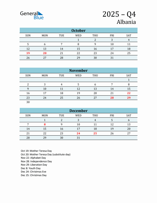 Three-Month Planner for Q4 2025 with Holidays - Albania