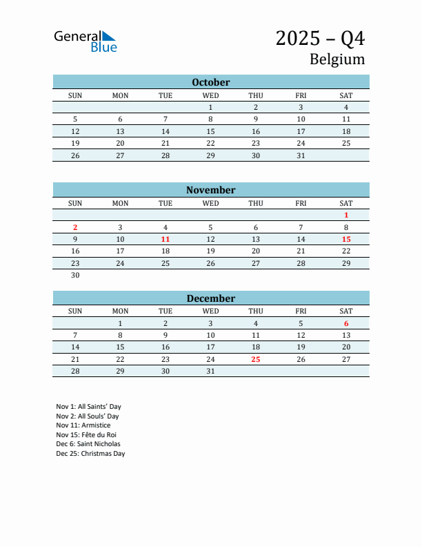 Three-Month Planner for Q4 2025 with Holidays - Belgium