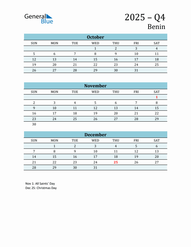 Three-Month Planner for Q4 2025 with Holidays - Benin