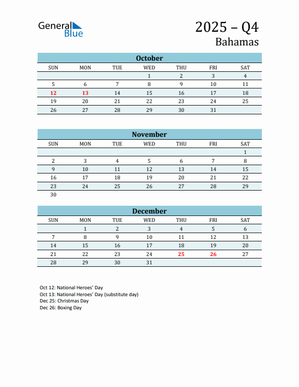 Three-Month Planner for Q4 2025 with Holidays - Bahamas