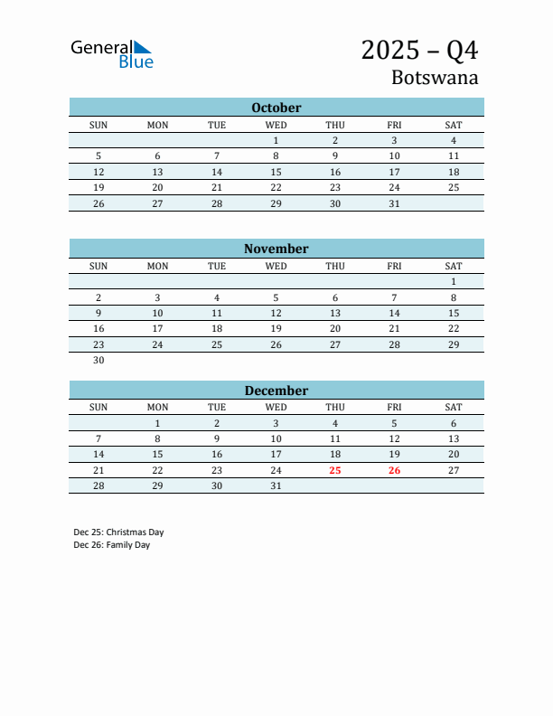 Three-Month Planner for Q4 2025 with Holidays - Botswana