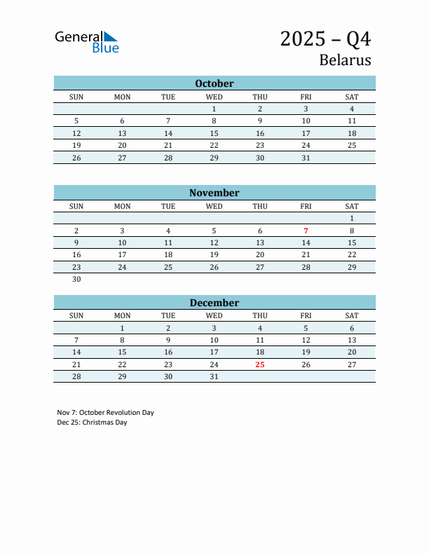 Three-Month Planner for Q4 2025 with Holidays - Belarus