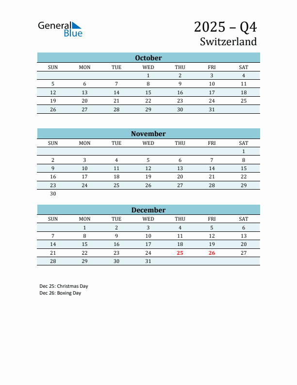 Three-Month Planner for Q4 2025 with Holidays - Switzerland