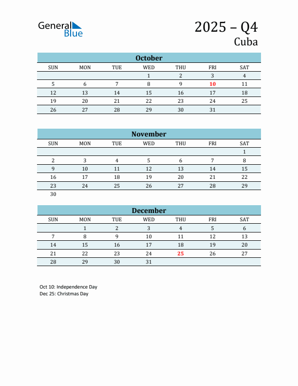 Three-Month Planner for Q4 2025 with Holidays - Cuba