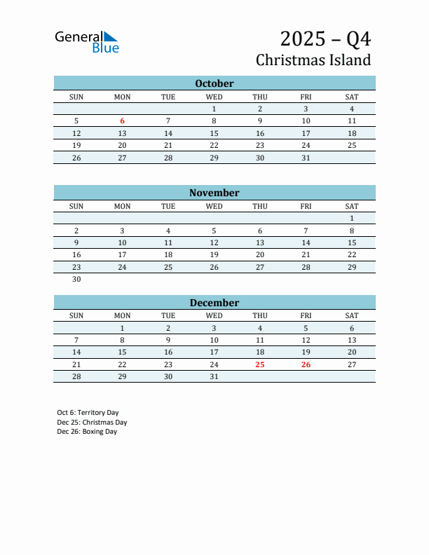 Three-Month Planner for Q4 2025 with Holidays - Christmas Island