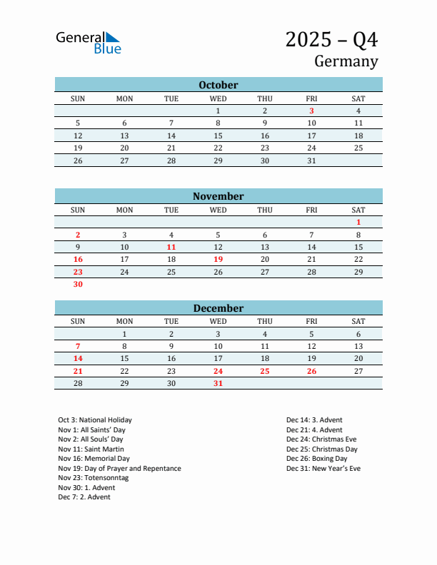 Three-Month Planner for Q4 2025 with Holidays - Germany