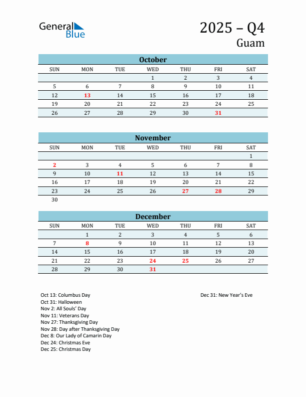 Three-Month Planner for Q4 2025 with Holidays - Guam