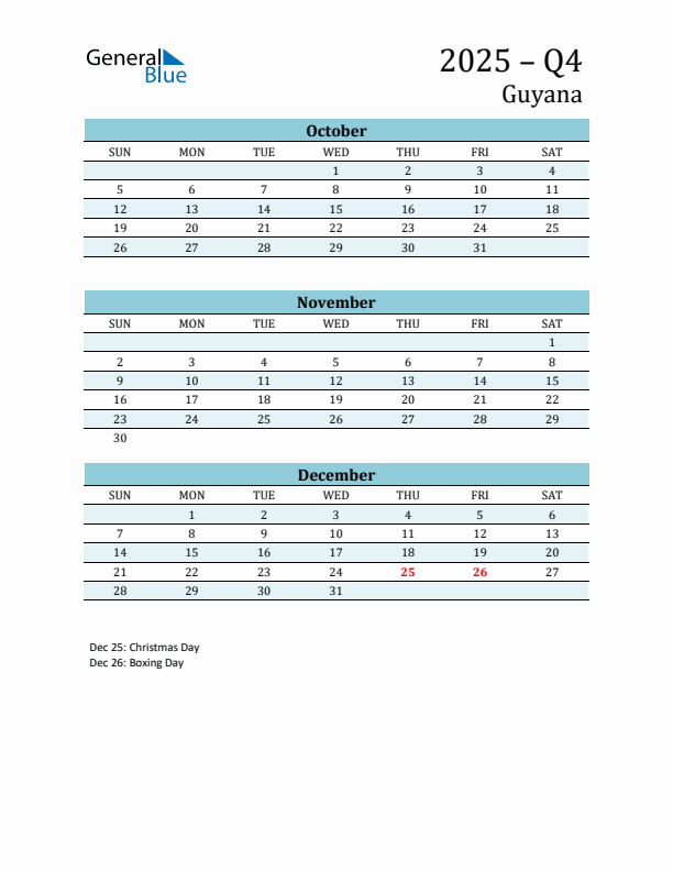 Three-Month Planner for Q4 2025 with Holidays - Guyana