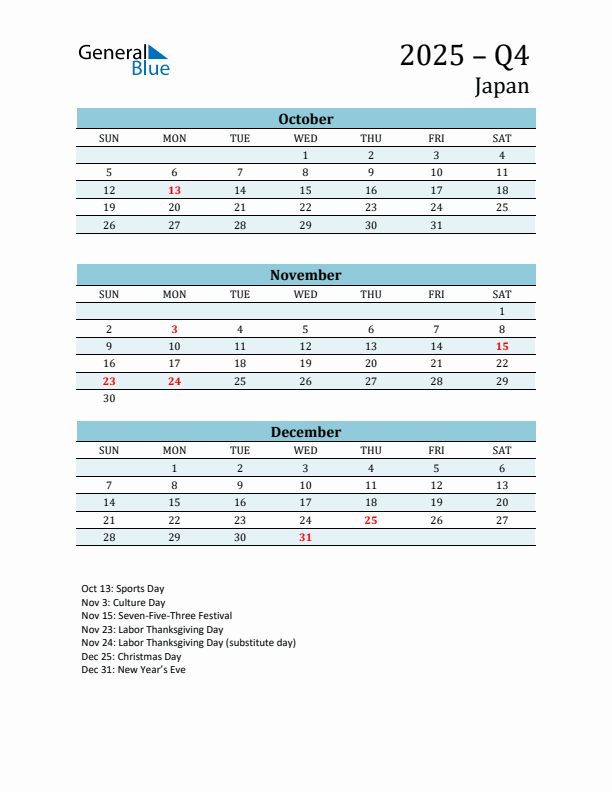 Three-Month Planner for Q4 2025 with Holidays - Japan