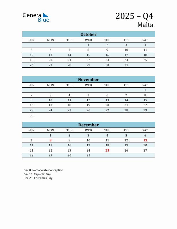 Three-Month Planner for Q4 2025 with Holidays - Malta