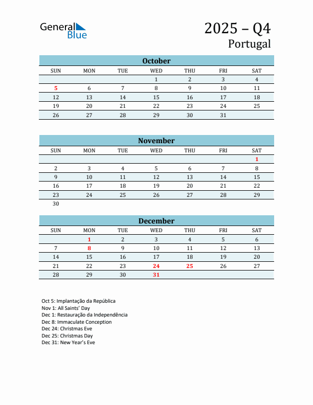 Three-Month Planner for Q4 2025 with Holidays - Portugal