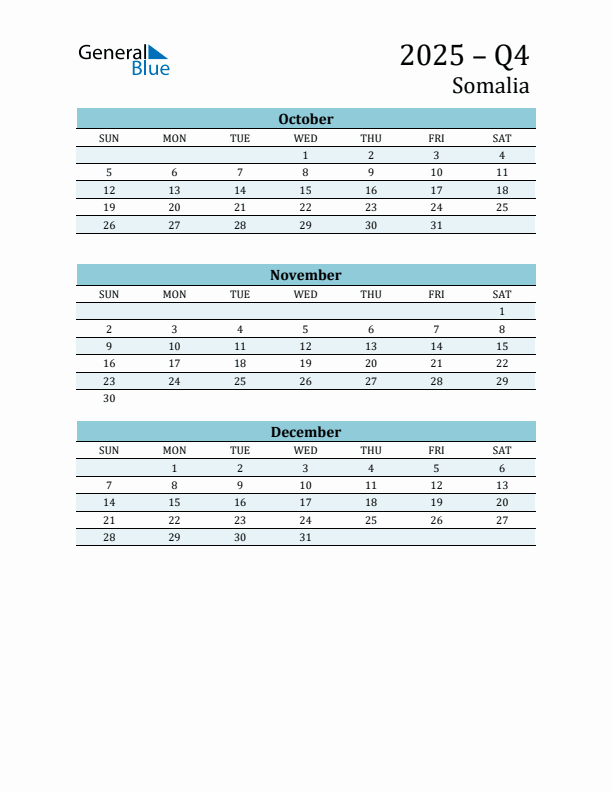 Three-Month Planner for Q4 2025 with Holidays - Somalia