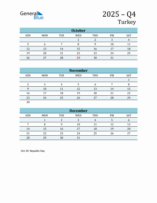 Three-Month Planner for Q4 2025 with Holidays - Turkey