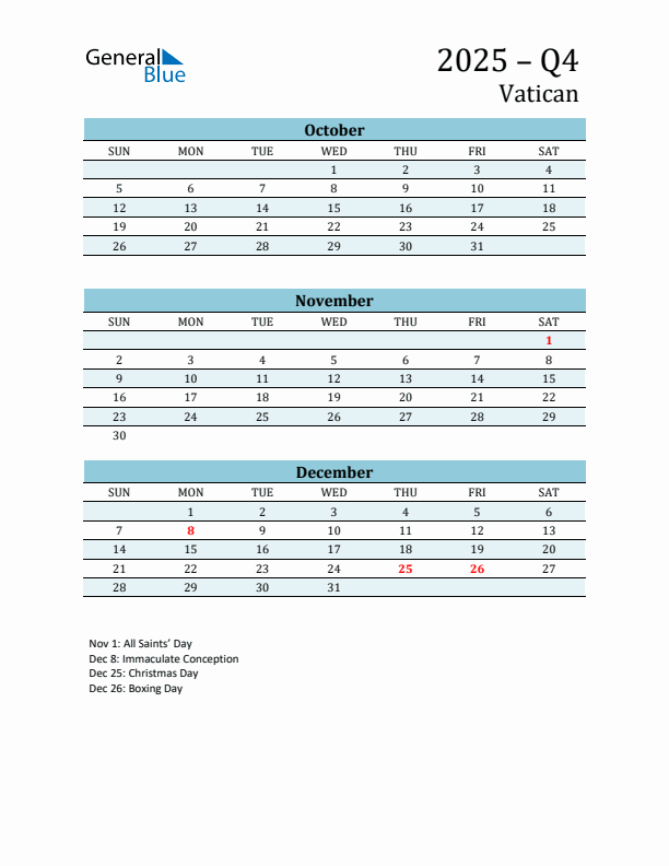 Three-Month Planner for Q4 2025 with Holidays - Vatican