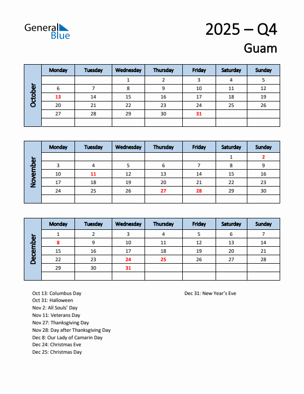 Free Q4 2025 Calendar for Guam - Monday Start