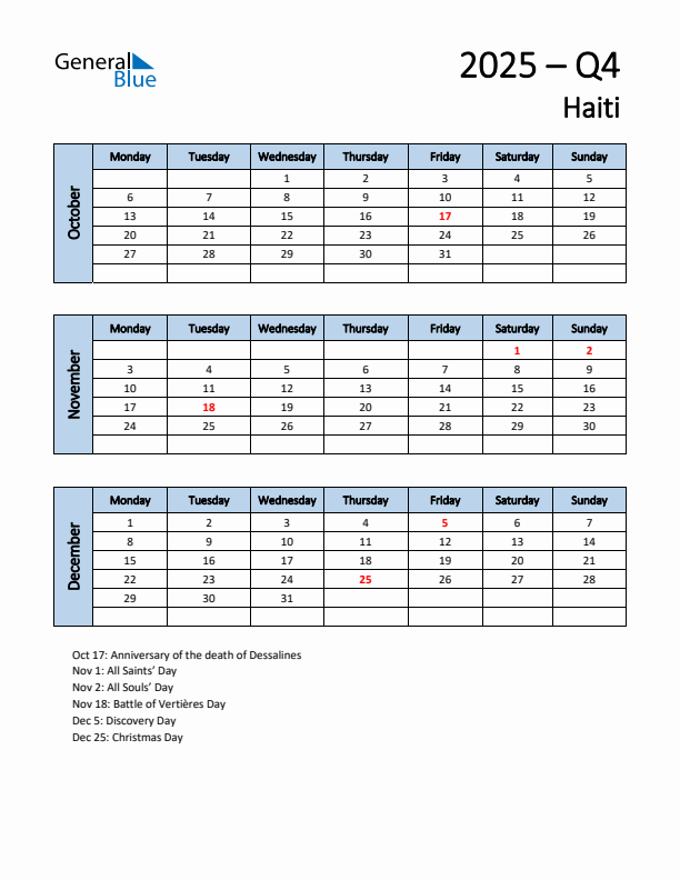 Free Q4 2025 Calendar for Haiti - Monday Start