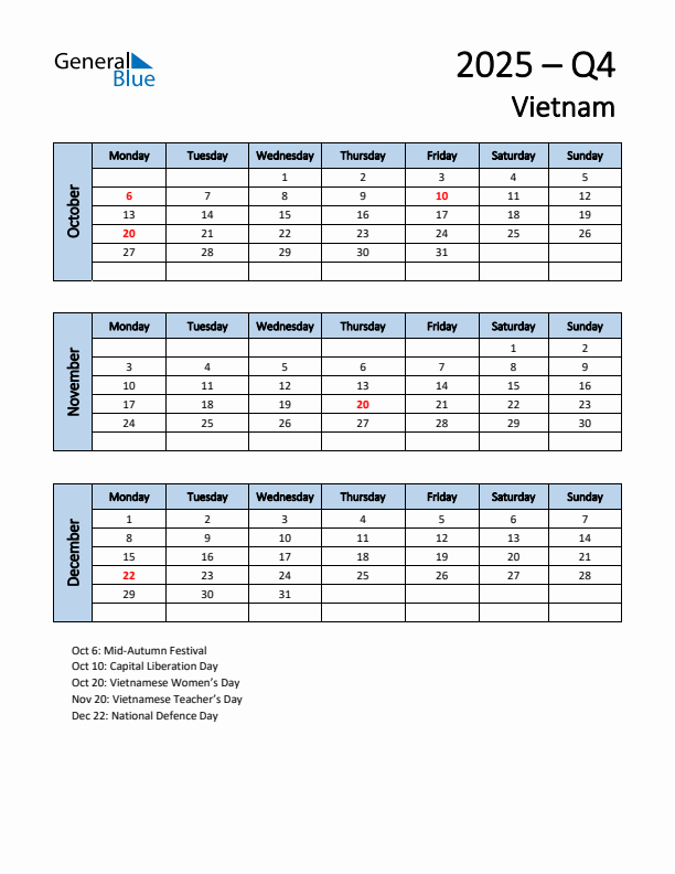 Free Q4 2025 Calendar for Vietnam - Monday Start