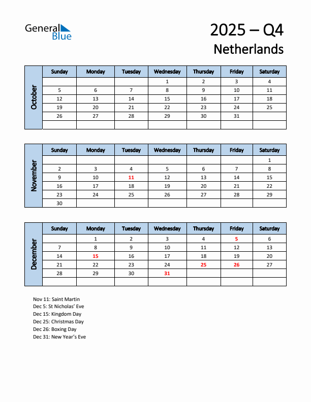 Free Q4 2025 Calendar for The Netherlands - Sunday Start