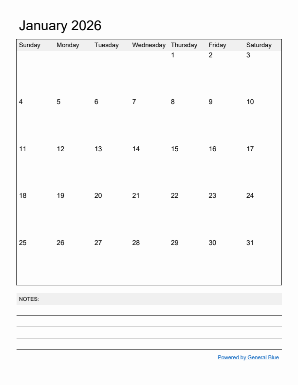 Basic Monthly Calendar Template for January 2026