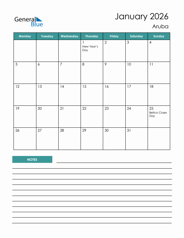 Calendar with Notes Printable - Monday Start