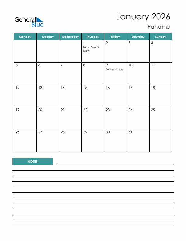 Calendar with Notes Printable - Monday Start