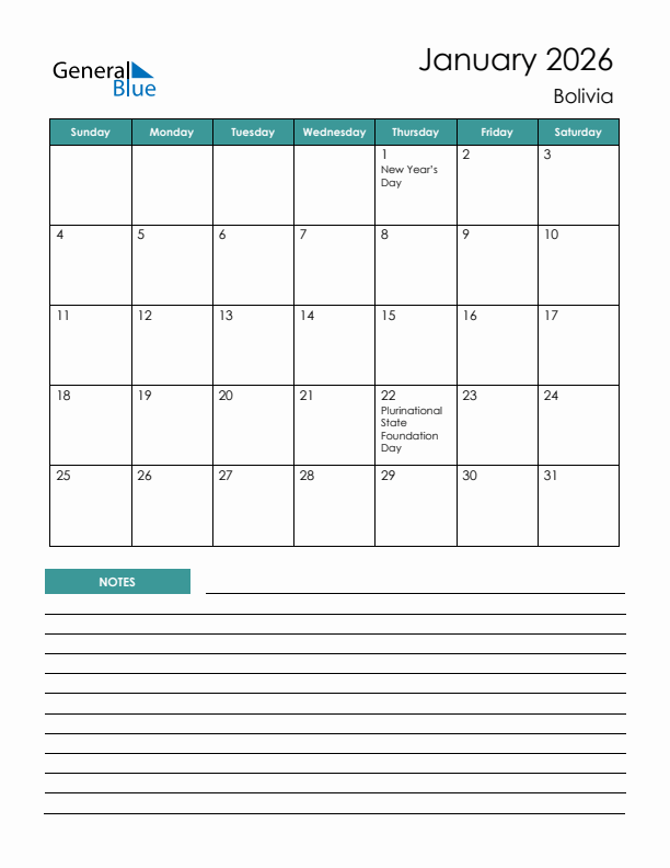 Calendar with Notes Printable - Sunday Start