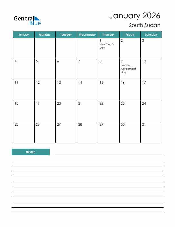 Calendar with Notes Printable - Sunday Start