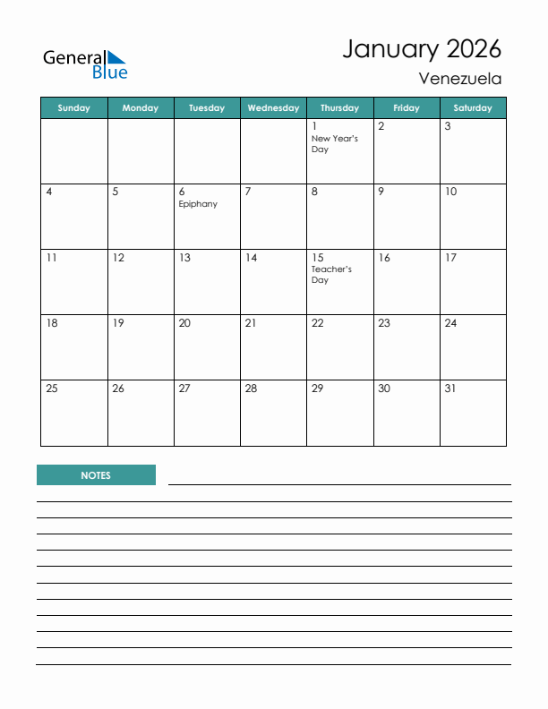 Calendar with Notes Printable - Sunday Start