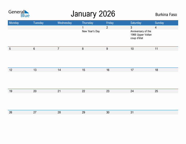 Fillable January 2026 Calendar