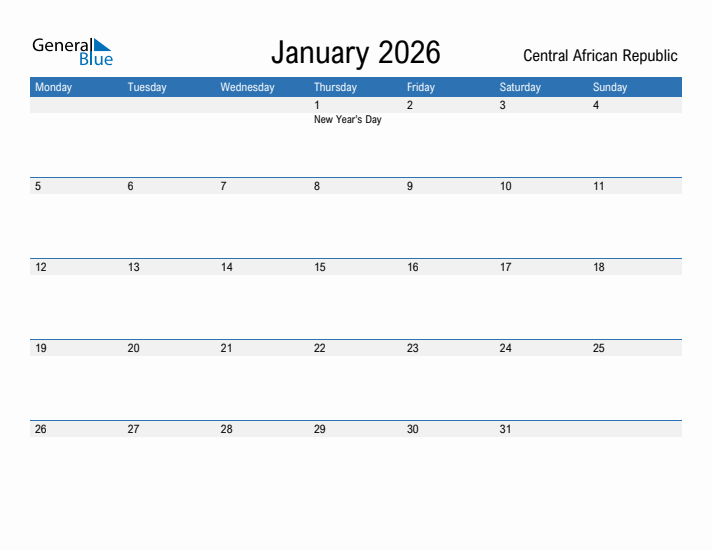 Fillable January 2026 Calendar