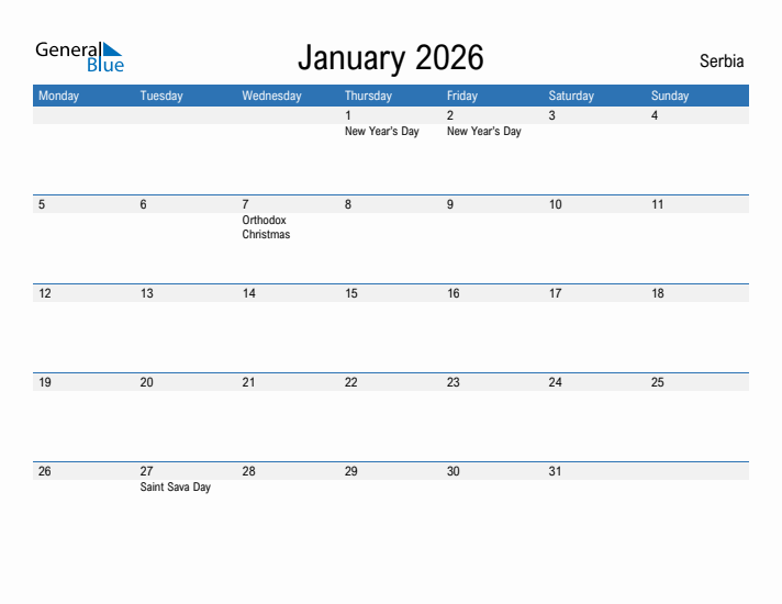 Fillable January 2026 Calendar