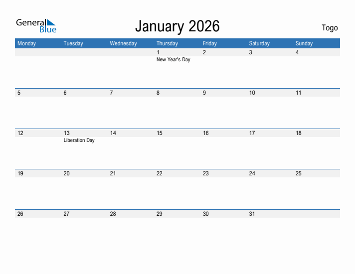 Fillable January 2026 Calendar