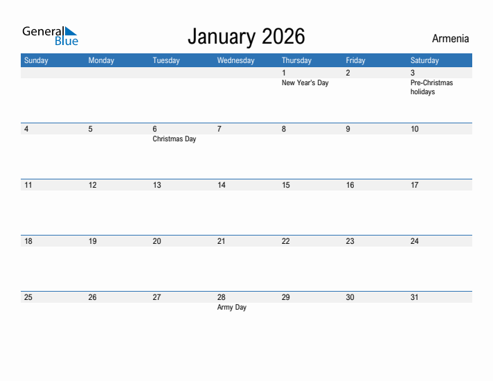 Fillable January 2026 Calendar