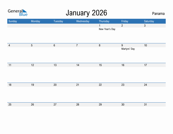 Fillable January 2026 Calendar