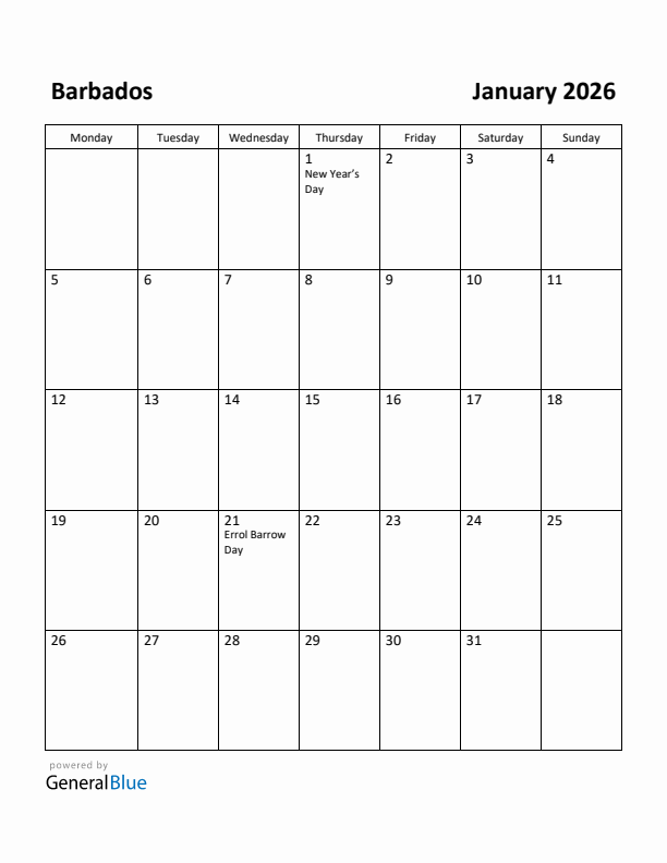 January 2026 Calendar with Barbados Holidays