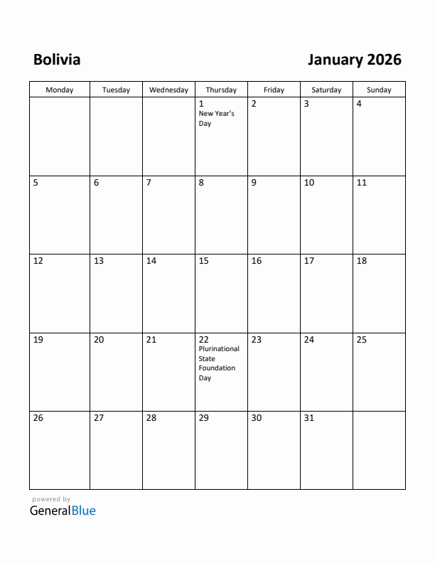 January 2026 Calendar with Bolivia Holidays