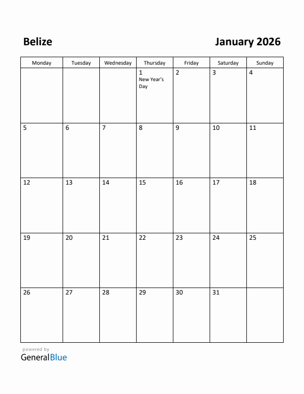 January 2026 Calendar with Belize Holidays