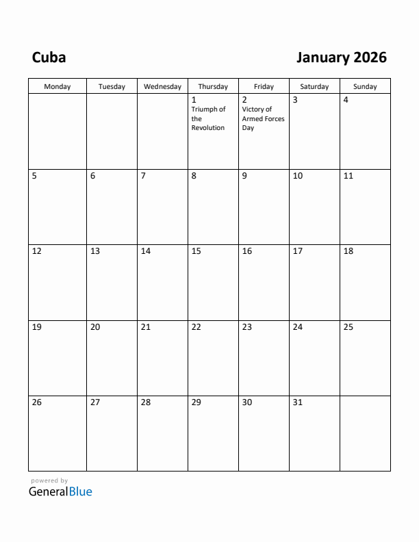 January 2026 Calendar with Cuba Holidays