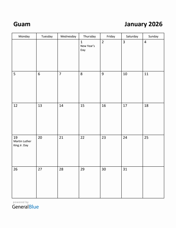 January 2026 Calendar with Guam Holidays