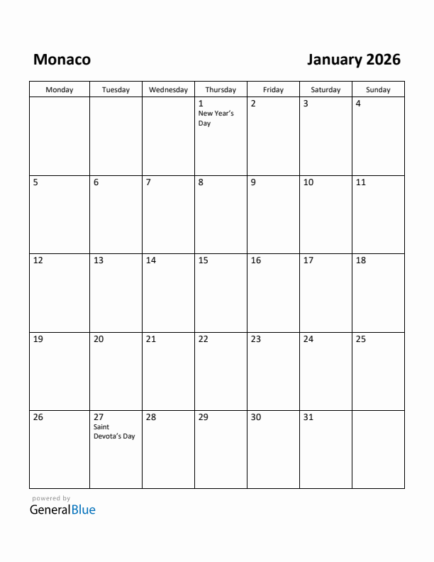 January 2026 Calendar with Monaco Holidays