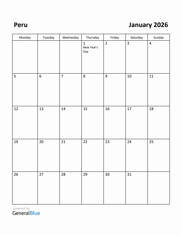 January 2026 Calendar with Peru Holidays