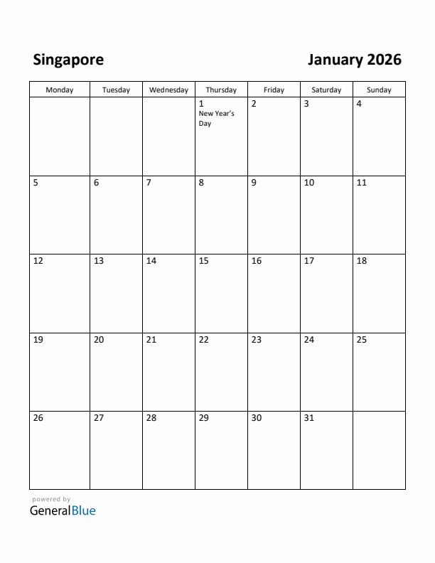 January 2026 Calendar with Singapore Holidays