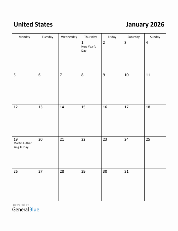 January 2026 Calendar with United States Holidays