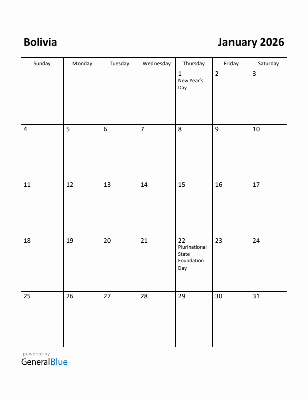 January 2026 Calendar with Bolivia Holidays