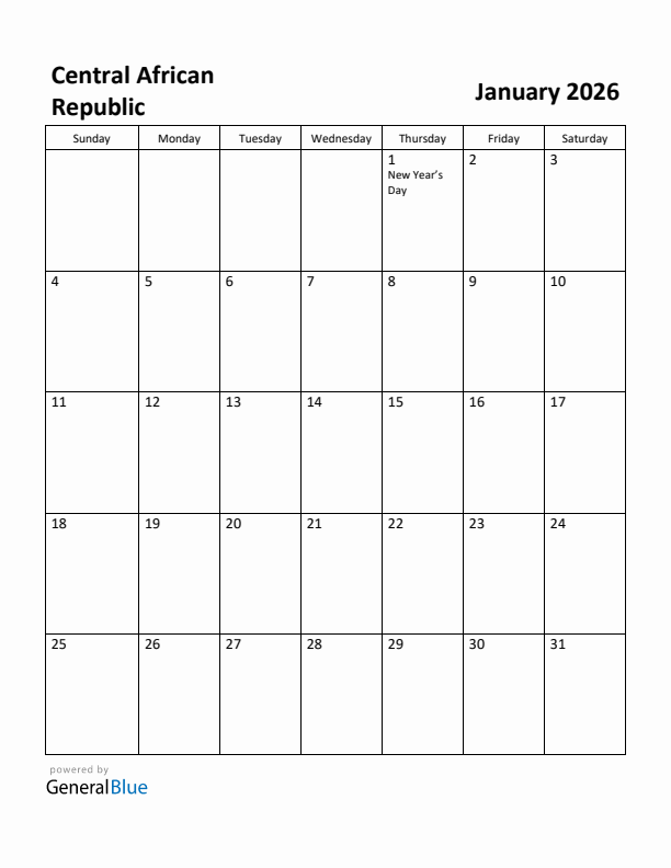 January 2026 Calendar with Central African Republic Holidays