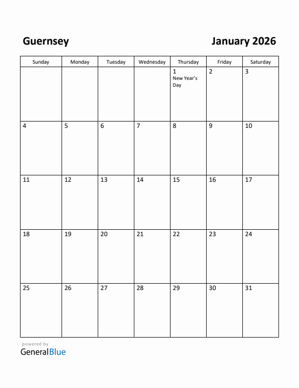 January 2026 Calendar with Guernsey Holidays