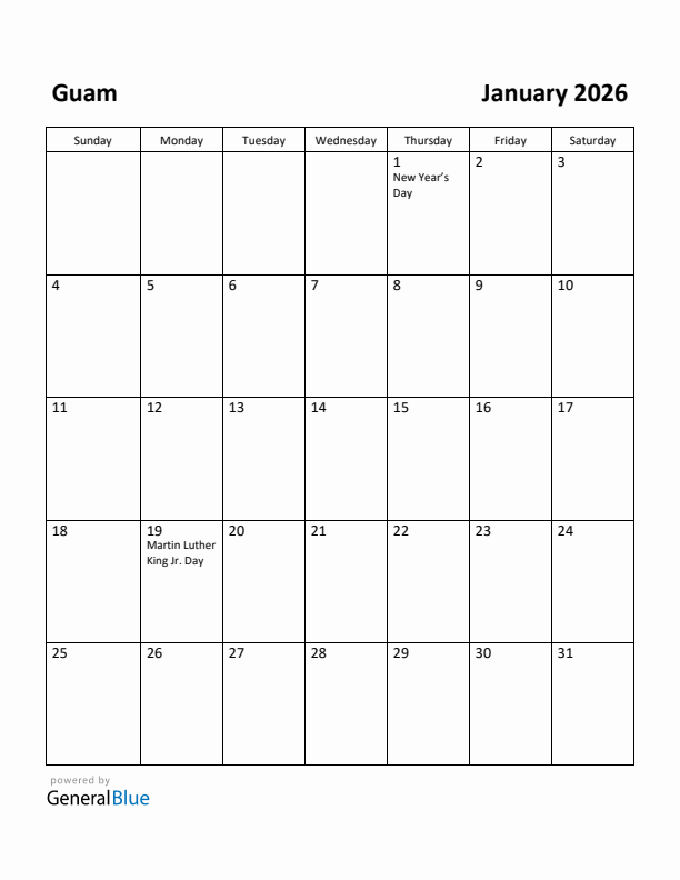 January 2026 Calendar with Guam Holidays