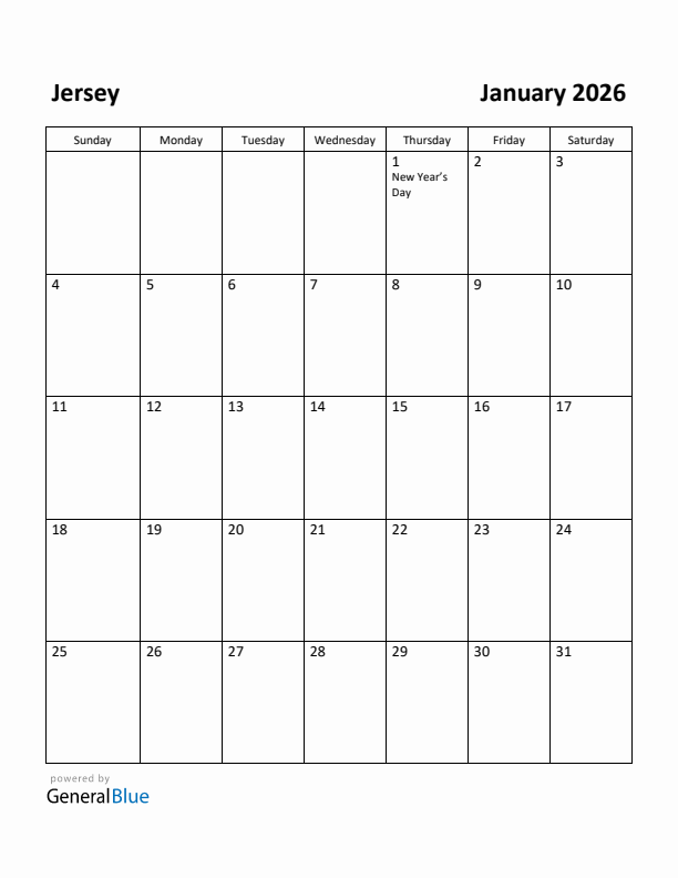 January 2026 Calendar with Jersey Holidays