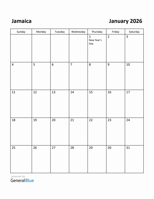 January 2026 Calendar with Jamaica Holidays